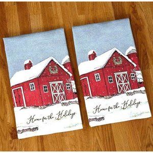 Country Home for the Holidays Kitchen Tea Towels 2-Pc Red Barn Christmas Wreath